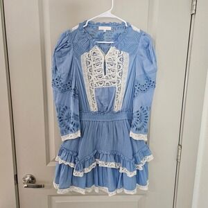 LoveShackFancy Light Blue and White Eyelet Lace Mini Dress